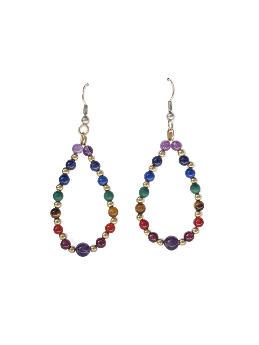 Vintage Multicolor Rainbow Gemstone Beaded Teardrop Hippie Pierced Earrings